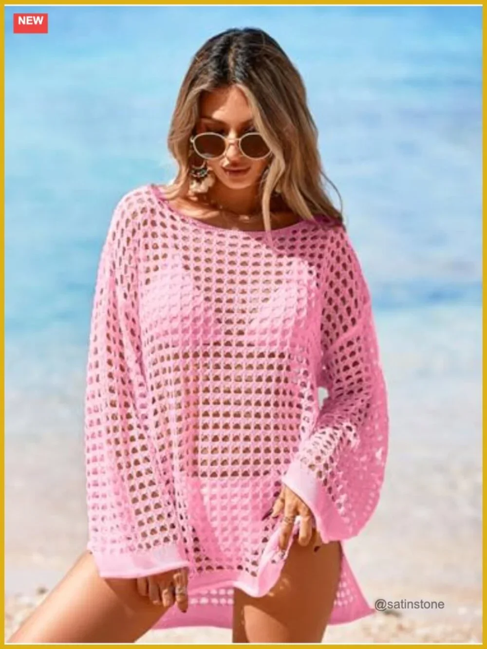 Crochet Mesh Swimsuit Cover Up Oversized Long Sleeve Mini Dress Beach Bathing